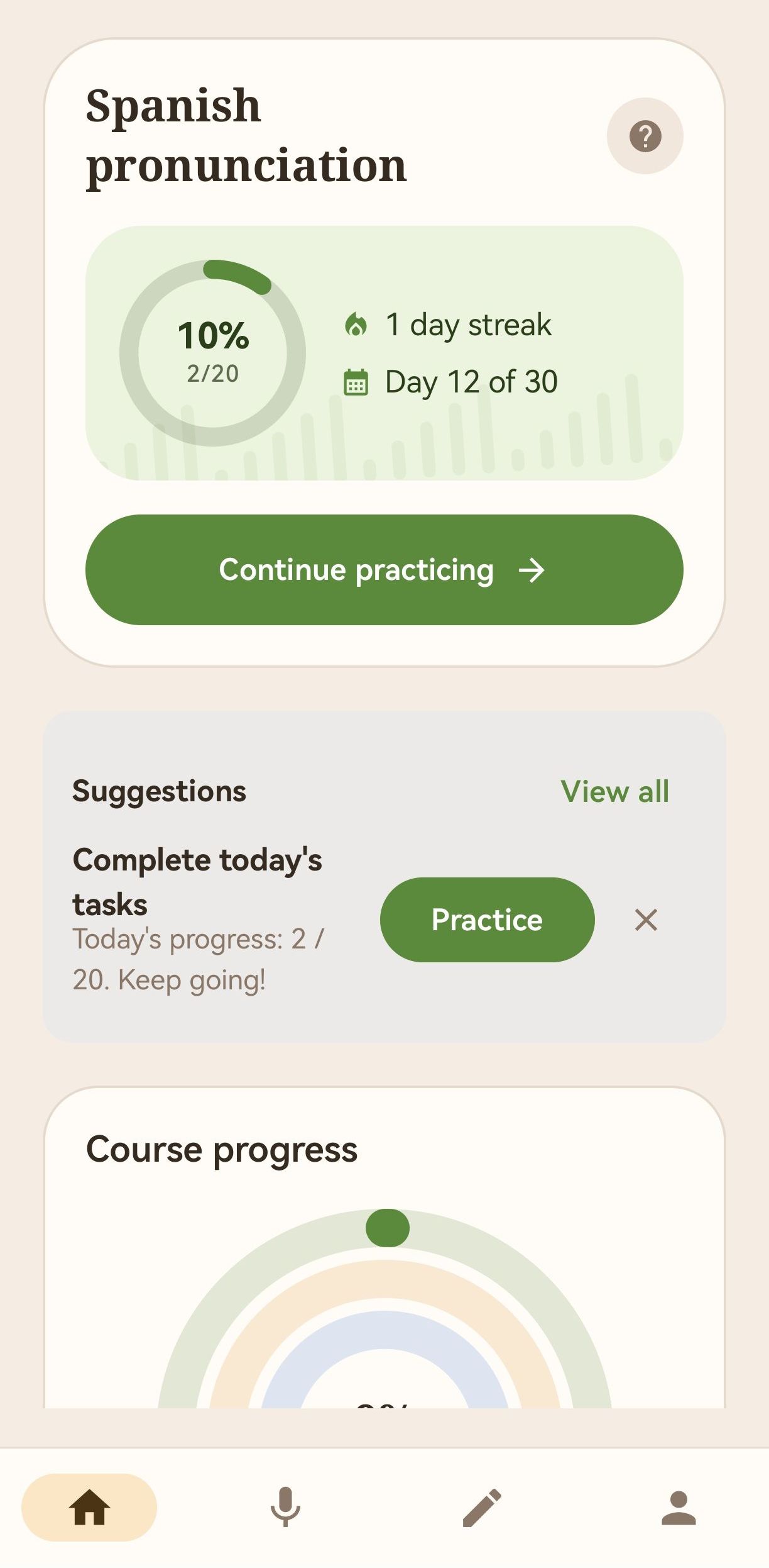 Sonalo home screen with progress